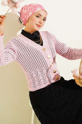 Gold Düğmeli Ajurlu Kısa Triko Hırka Pembe 