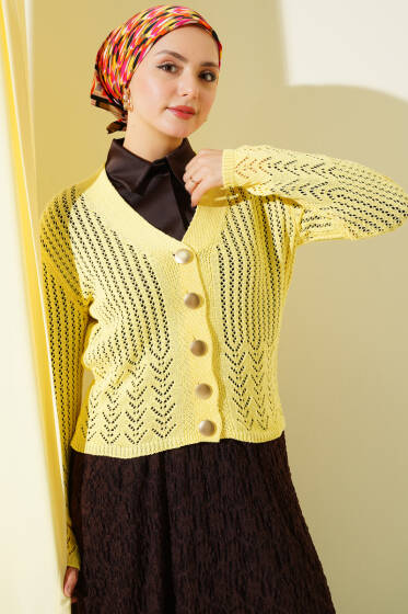 Gold Düğmeli Ajurlu Kısa Triko Hırka Sarı - Hırka