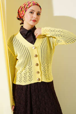 Gold Düğmeli Ajurlu Kısa Triko Hırka Sarı 