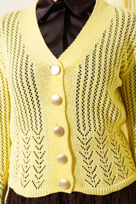 Gold Düğmeli Ajurlu Kısa Triko Hırka Sarı - Yılın Fırsatı