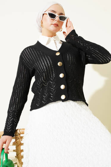 Gold Düğmeli Ajurlu Kısa Triko Hırka Siyah - Hırka