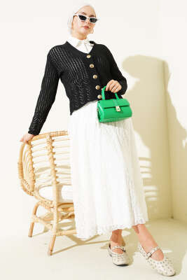 Gold Düğmeli Ajurlu Kısa Triko Hırka Siyah - Hırka