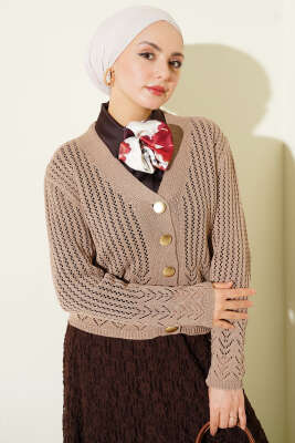 Gold Düğmeli Ajurlu Kısa Triko Hırka Vizon - RAFİMİX