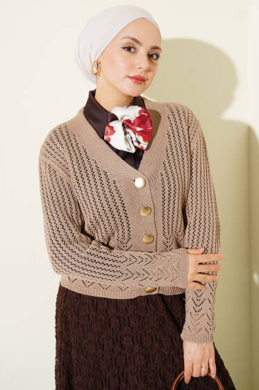 Gold Düğmeli Ajurlu Kısa Triko Hırka Vizon - Hırka