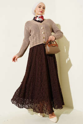 Gold Düğmeli Ajurlu Kısa Triko Hırka Vizon - Yılın Fırsatı