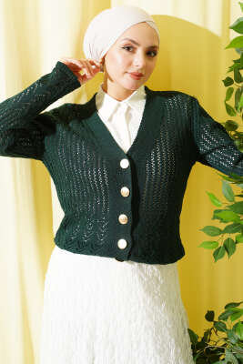 Gold Düğmeli Ajurlu Kısa Triko Hırka Zümrüt - RAFİMİX