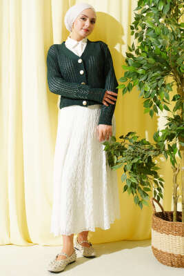 Gold Düğmeli Ajurlu Kısa Triko Hırka Zümrüt - Yılın Fırsatı
