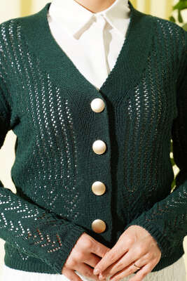 Gold Düğmeli Ajurlu Kısa Triko Hırka Zümrüt - Yılın Fırsatı