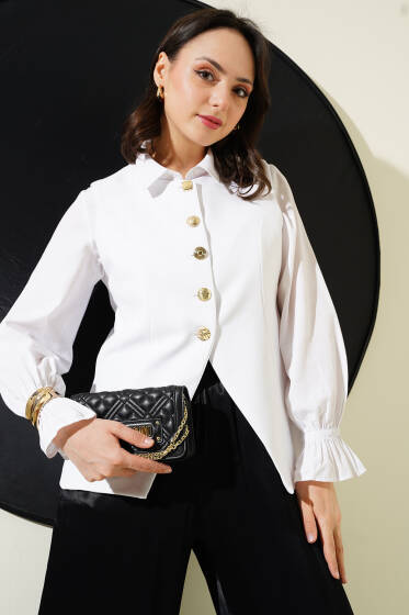 Gold Düğmeli Astarlı Yelek Beyaz - Yelek