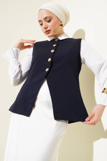 Gold Düğmeli Astarlı Yelek Lacivert - Yelek
