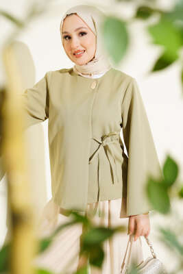 Gold Düğmeli Bağcıklı Kısa Ceket Çağla Yeşili - MD TREND