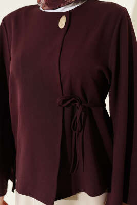 Gold Düğmeli Bağcıklı Kısa Ceket Mürdüm - Ceket