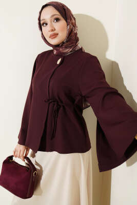 Gold Düğmeli Bağcıklı Kısa Ceket Mürdüm - MD TREND