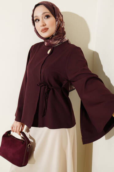 Gold Düğmeli Bağcıklı Kısa Ceket Mürdüm - Ceket