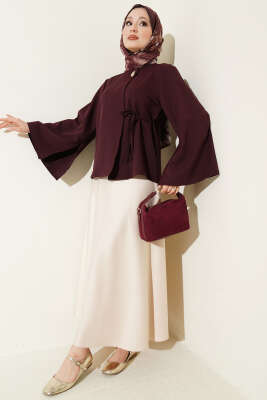 Gold Düğmeli Bağcıklı Kısa Ceket Mürdüm - Ceket