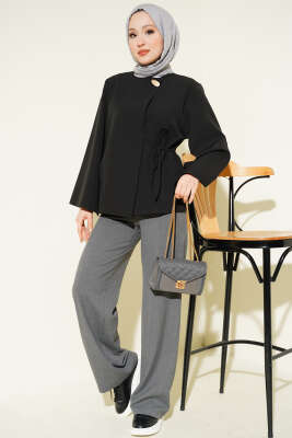 Gold Düğmeli Bağcıklı Kısa Ceket Siyah - Ceket