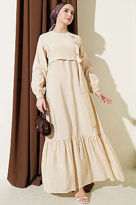 Gold Düğmeli Bağlamalı Modal Elbise Bej - ASME