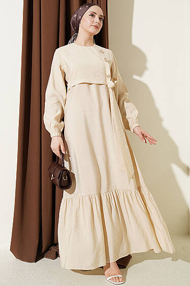 Gold Düğmeli Bağlamalı Modal Elbise Bej - Elbise