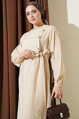 Gold Düğmeli Bağlamalı Modal Elbise Bej - Elbise