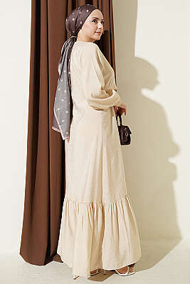 Gold Düğmeli Bağlamalı Modal Elbise Bej - Elbise