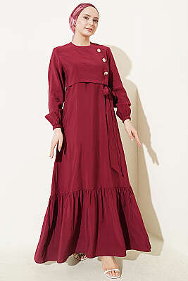 Gold Düğmeli Bağlamalı Modal Elbise Bordo - ASME