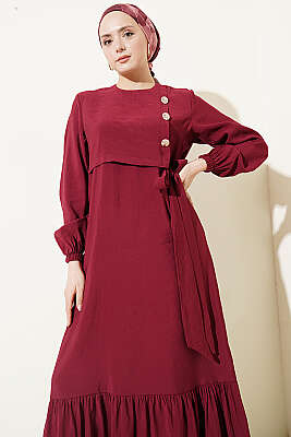 Gold Düğmeli Bağlamalı Modal Elbise Bordo - Elbise