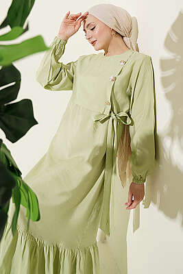 Gold Düğmeli Bağlamalı Modal Elbise Çağla Yeşili - ASME