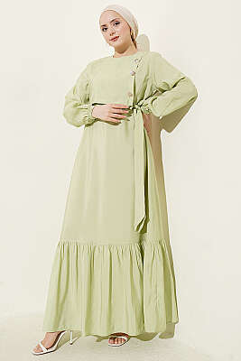 Gold Düğmeli Bağlamalı Modal Elbise Çağla Yeşili - Elbise