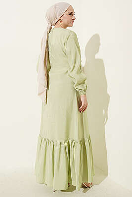 Gold Düğmeli Bağlamalı Modal Elbise Çağla Yeşili - Elbise