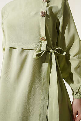 Gold Düğmeli Bağlamalı Modal Elbise Çağla Yeşili - Elbise