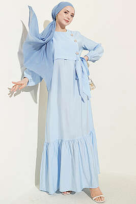 Gold Düğmeli Bağlamalı Modal Elbise Mavi - ASME