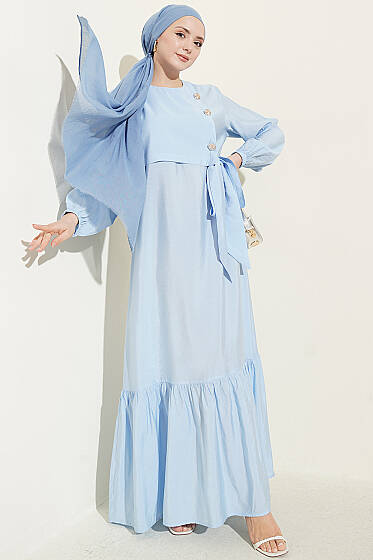 Gold Düğmeli Bağlamalı Modal Elbise Mavi - Elbise