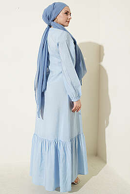 Gold Düğmeli Bağlamalı Modal Elbise Mavi - Elbise