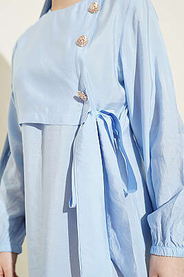 Gold Düğmeli Bağlamalı Modal Elbise Mavi - Elbise