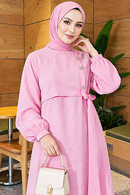 Gold Düğmeli Bağlamalı Modal Elbise Pembe - 700-1000 TL Ürünler