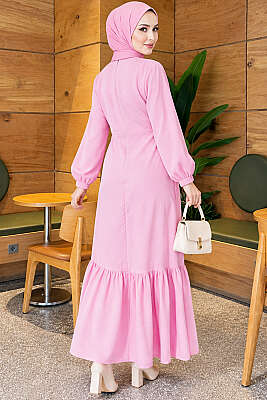 Gold Düğmeli Bağlamalı Modal Elbise Pembe - 700-1000 TL Ürünler