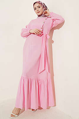 Gold Düğmeli Bağlamalı Modal Elbise Pembe - ASME