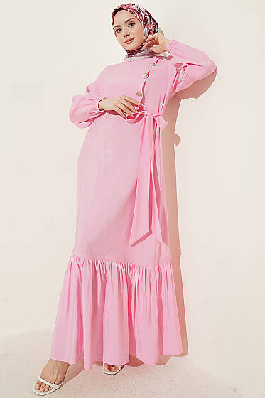Gold Düğmeli Bağlamalı Modal Elbise Pembe - Elbise