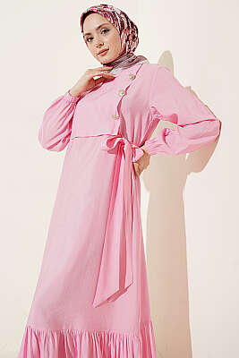 Gold Düğmeli Bağlamalı Modal Elbise Pembe - Elbise