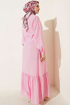 Gold Düğmeli Bağlamalı Modal Elbise Pembe - Elbise