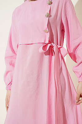 Gold Düğmeli Bağlamalı Modal Elbise Pembe - Elbise