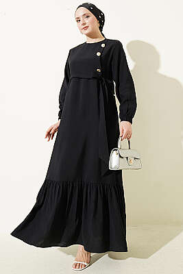 Gold Düğmeli Bağlamalı Modal Elbise Siyah - ASME