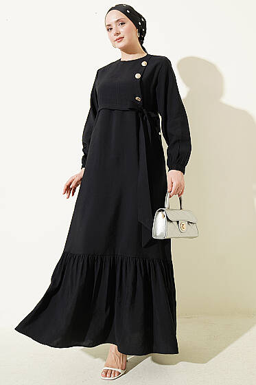 Gold Düğmeli Bağlamalı Modal Elbise Siyah - Elbise