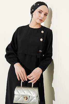 Gold Düğmeli Bağlamalı Modal Elbise Siyah - Elbise