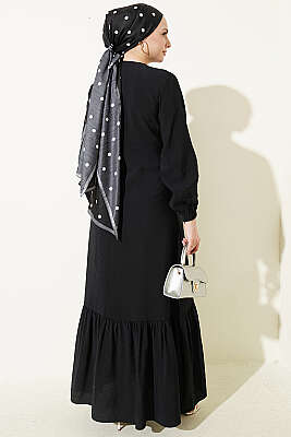 Gold Düğmeli Bağlamalı Modal Elbise Siyah - Elbise