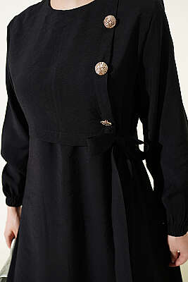 Gold Düğmeli Bağlamalı Modal Elbise Siyah - Elbise