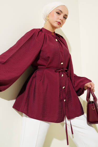 Gold Düğmeli Balon Kol Gömlek Bordo - Gömlek
