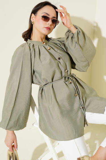 Gold Düğmeli Balon Kol Gömlek Çağla Yeşili - Gömlek