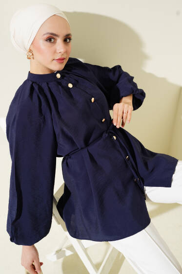 Gold Düğmeli Balon Kol Gömlek Lacivert - Gömlek