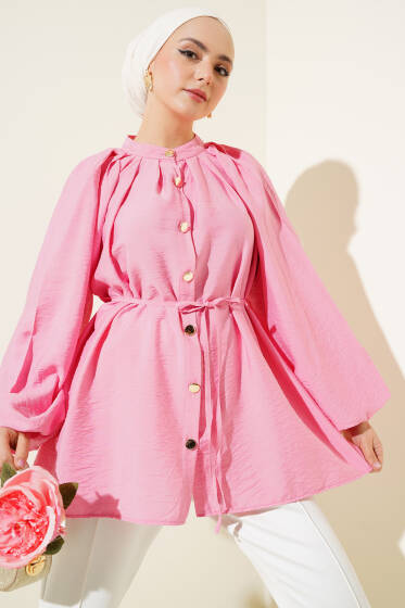 Gold Düğmeli Balon Kol Gömlek Pembe - Gömlek
